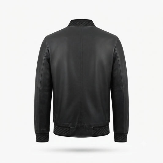 Men's Black Leather Bomber Jacket | Premium Genuine Leather Biker Jacket with Ribbed Cuffs & Zip Pocket