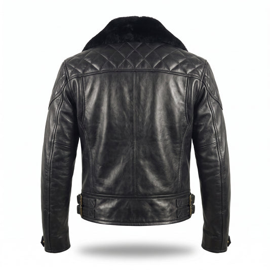Men's Black Leather Biker Jacket with Fur Collar | Genuine Leather Motorcycle Jacket