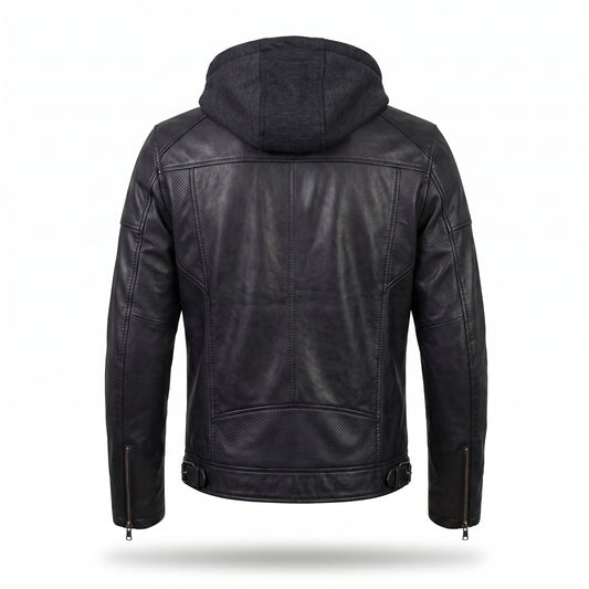 Men's Black Hooded Leather Biker Jacket – Premium Motorcycle Leather Jacket with Removable Hoodie