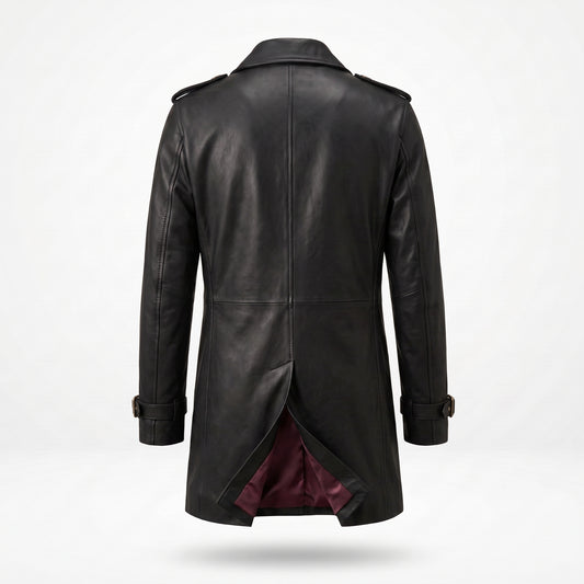 Men's Black Leather Trench Coat | Double-Breasted Long Overcoat