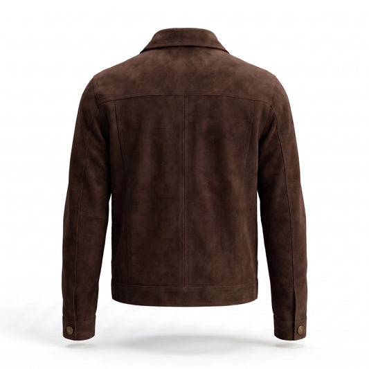 Men's Brown Suede Trucker Jacket | Genuine Leather Zip-Up Jacket