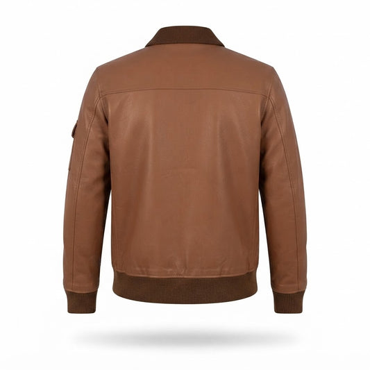 Men's Brown Leather Jacket | Button-Front Bomber with Quilted Pockets & Contrast Collar