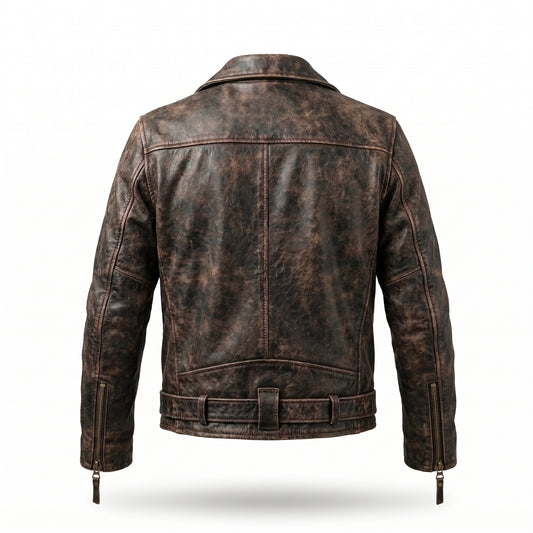 Men's Distressed Brown Leather Motorcycle Jacket | Belted Biker Jacket