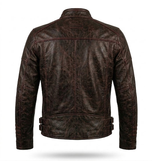 Men's Distressed Brown Leather Racer Jacket | Buckle-Cuff Moto Jacket with Contrast Stitching