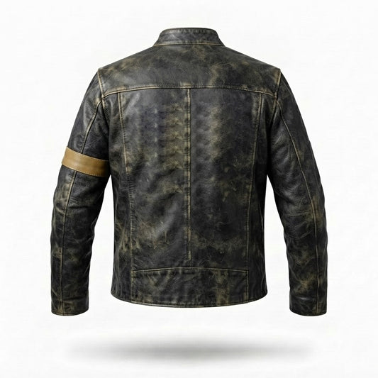 Men's Vintage Distressed Leather Jacket | Multi-Pocket Cafe Racer with Mustard Arm Stripe