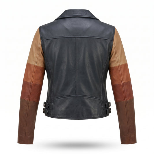 Men's Black Leather Biker Jacket | Ombre Colorblock Sleeves Moto Jacket