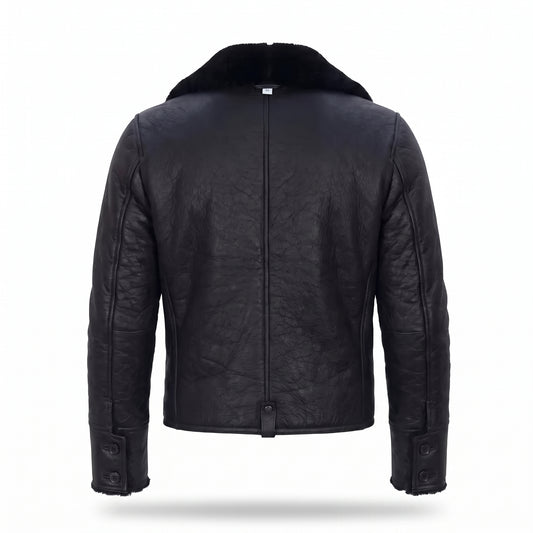 Men's Black Shearling Leather Jacket with Fur Collar | Genuine Aviator Biker Jacket