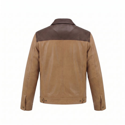 Men's Two-Tone Brown Leather Trucker Jacket | Genuine Leather Snap-Button Shirt Jacket