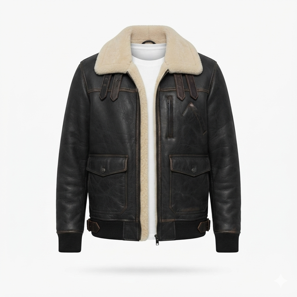 Men's Black Leather Aviator Jacket | Shearling B-3 Bomber with Cream Fur Collar
