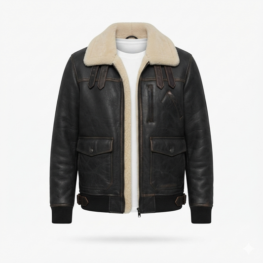 Men's Black Leather Aviator Jacket | Shearling B-3 Bomber with Cream Fur Collar