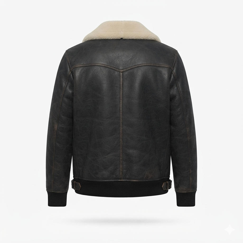 Men's Black Leather Aviator Jacket | Shearling B-3 Bomber with Cream Fur Collar