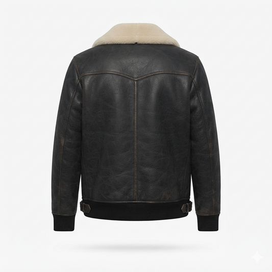 Men's Black Leather Aviator Jacket | Shearling B-3 Bomber with Cream Fur Collar