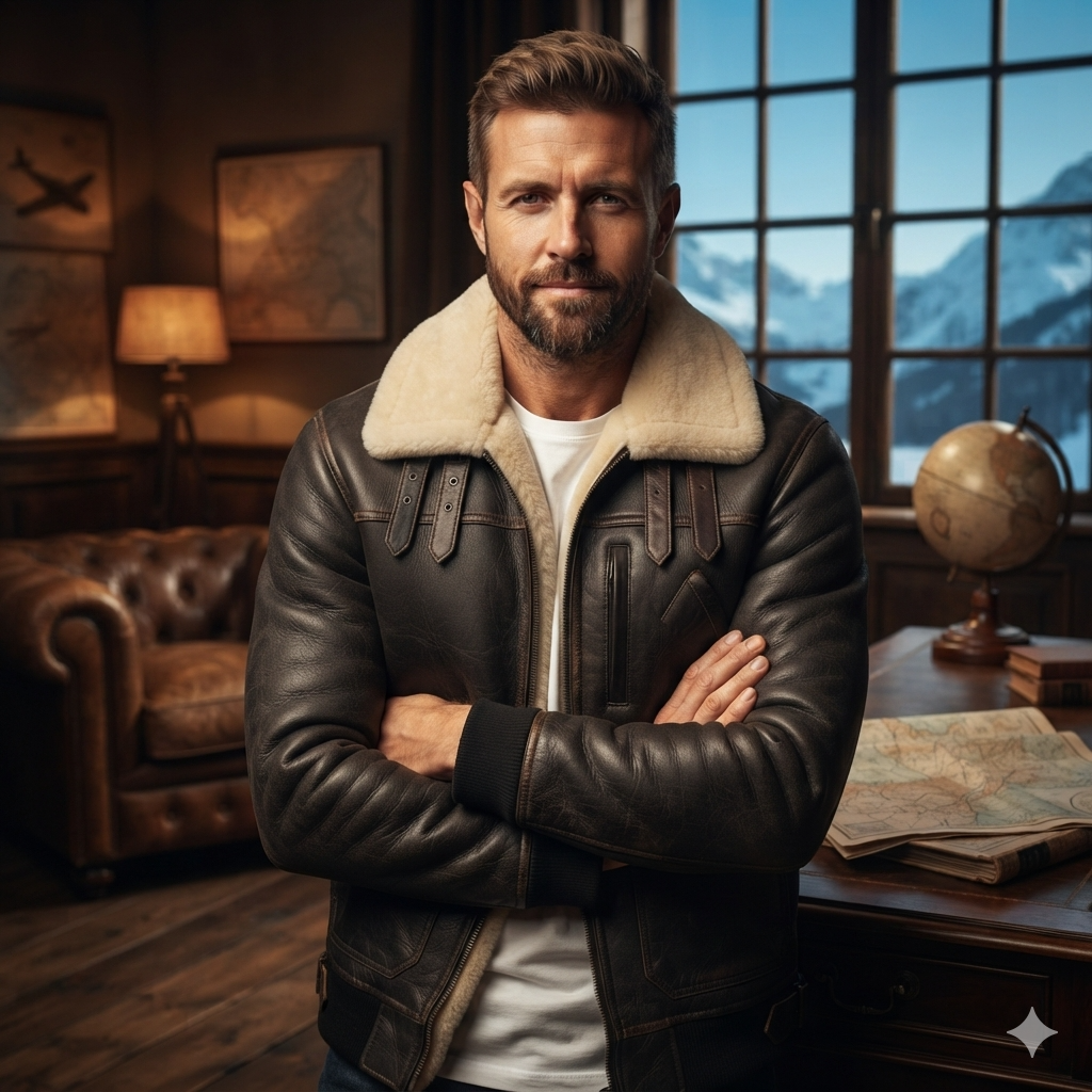 Men's Black Leather Aviator Jacket | Shearling B-3 Bomber with Cream Fur Collar