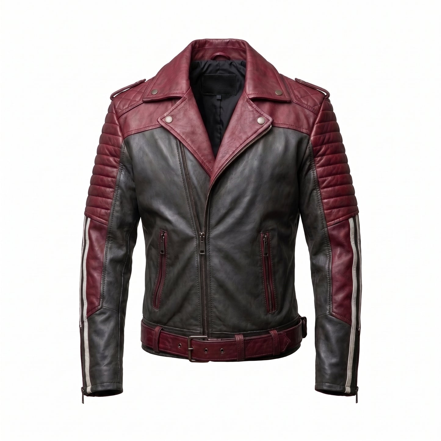 Men's Maroon & Black Leather Biker Jacket | Belted Moto Jacket with Racing Stripes