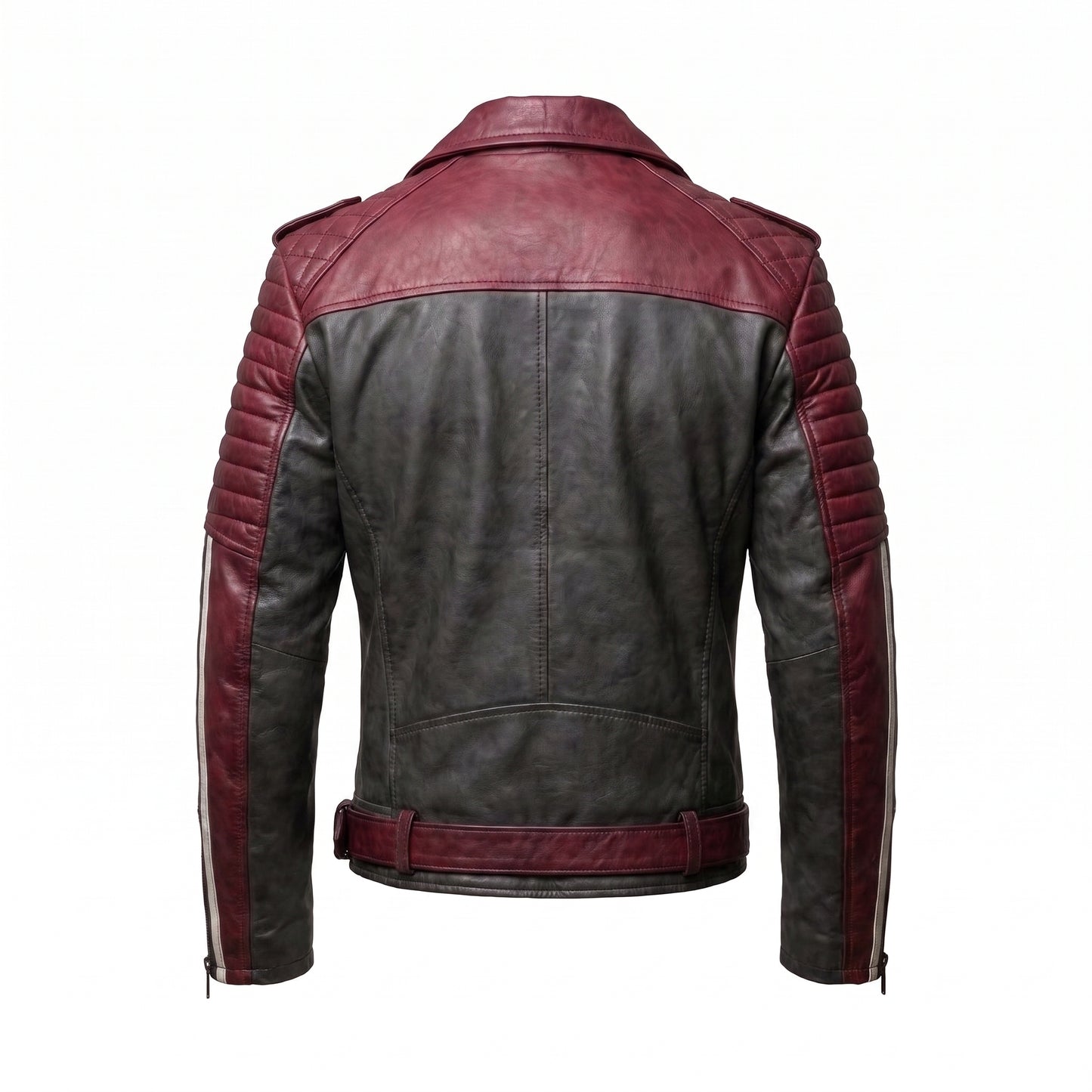 Men's Maroon & Black Leather Biker Jacket | Belted Moto Jacket with Racing Stripes