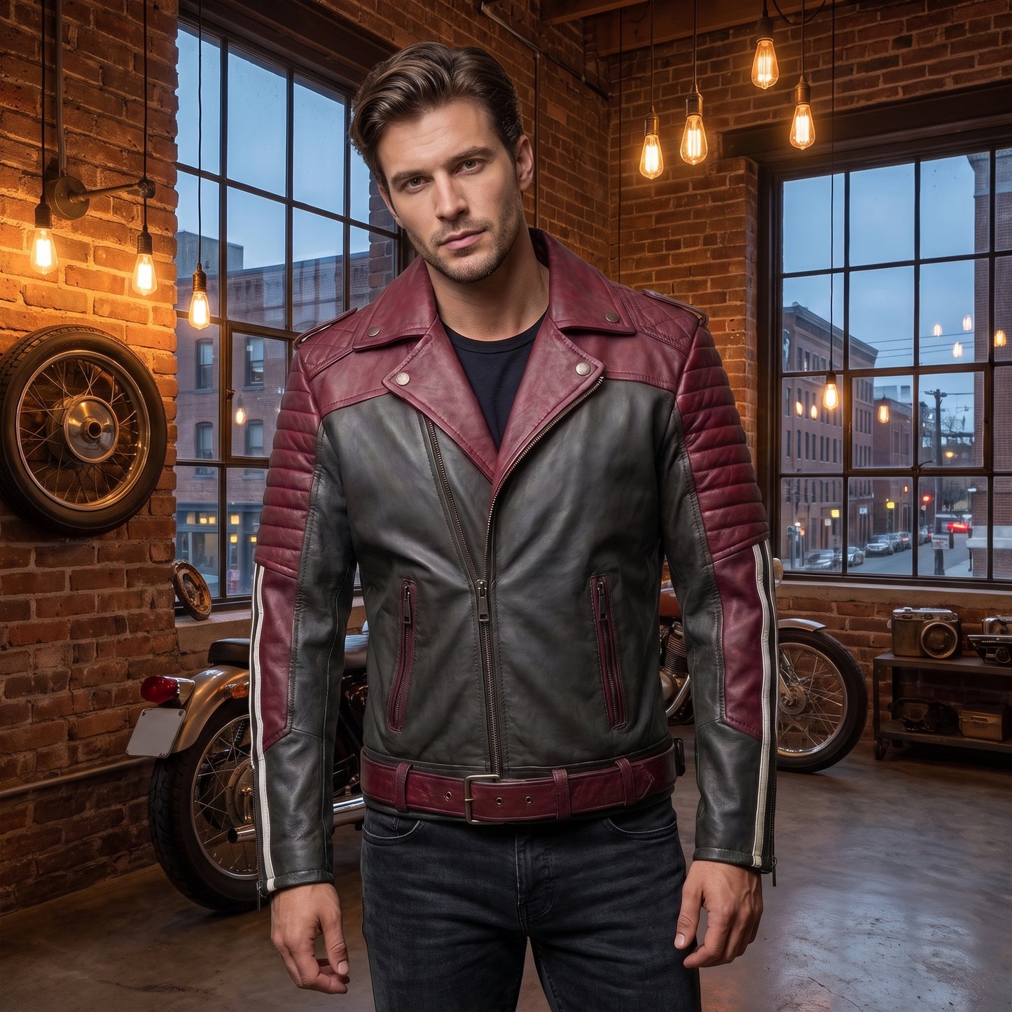 Men's Maroon & Black Leather Biker Jacket | Belted Moto Jacket with Racing Stripes