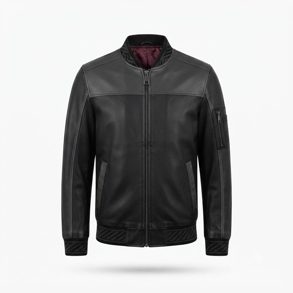 Men's Black Leather Bomber Jacket | Premium Genuine Leather Biker Jacket with Ribbed Cuffs & Zip Pocket