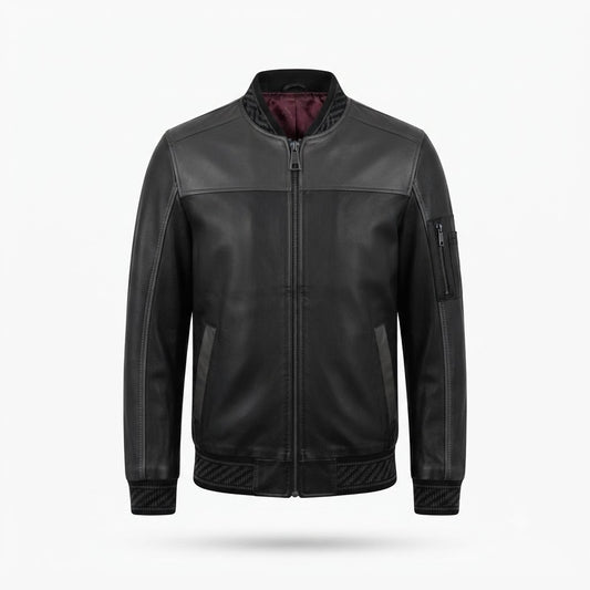 Men's Black Leather Bomber Jacket | Premium Genuine Leather Biker Jacket with Ribbed Cuffs & Zip Pocket