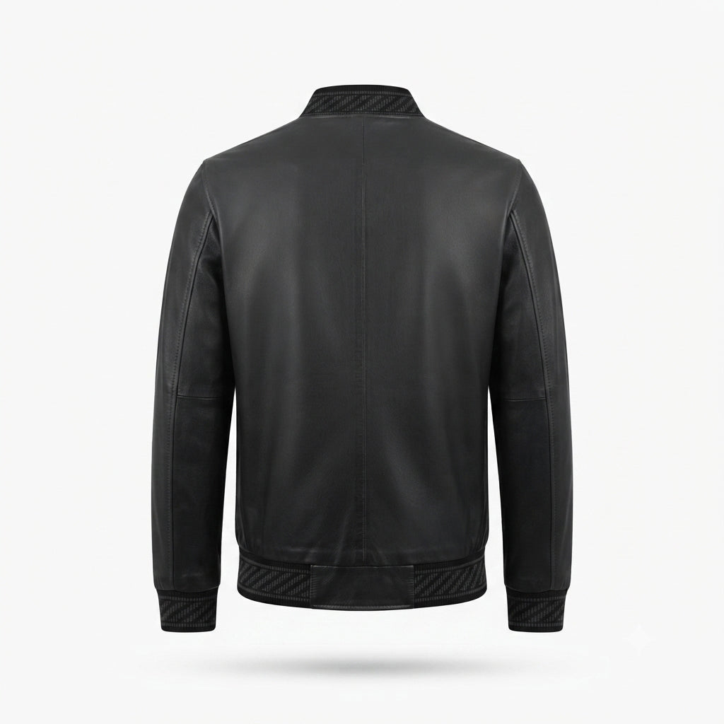 Men's Black Leather Bomber Jacket | Premium Genuine Leather Biker Jacket with Ribbed Cuffs & Zip Pocket
