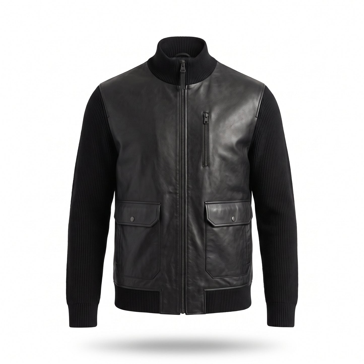 Men's Black Leather Bomber Jacket | Ribbed Knit Sleeve Varsity Jacket