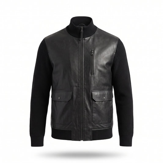 Men's Black Leather Bomber Jacket | Ribbed Knit Sleeve Varsity Jacket