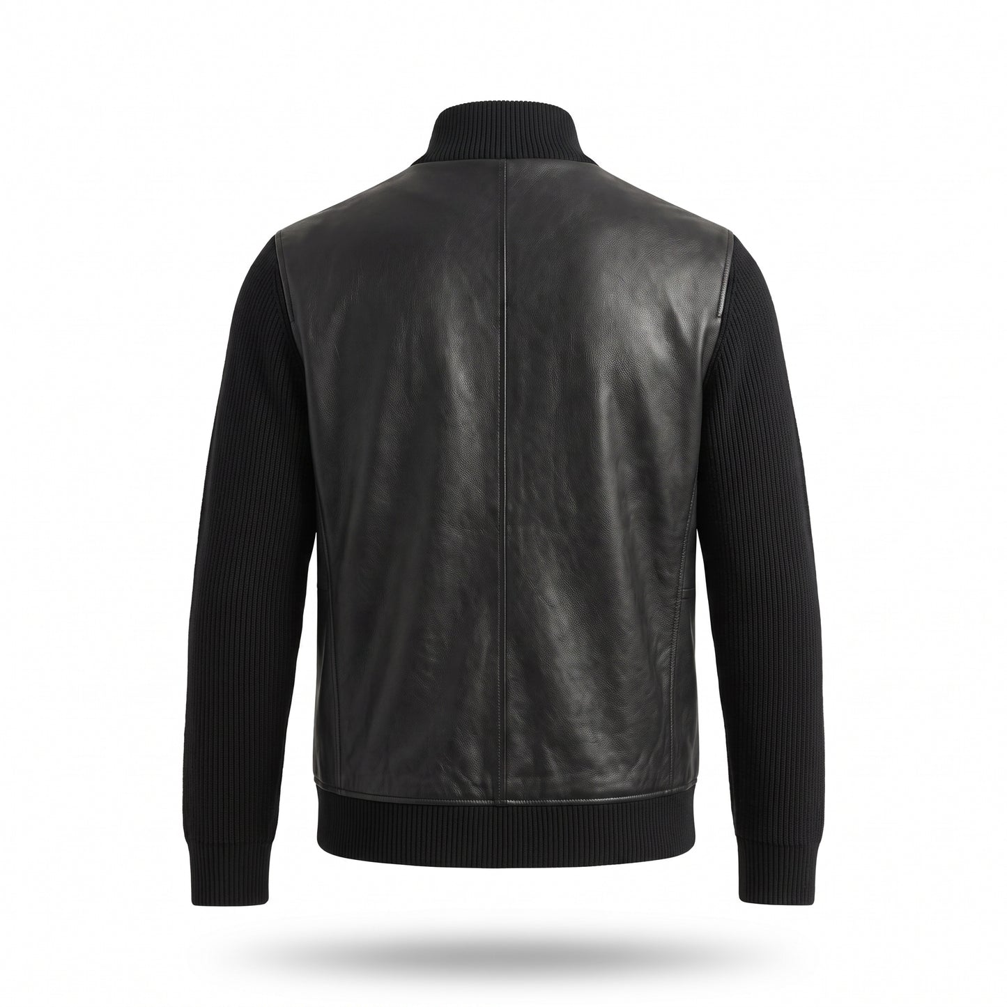 Men's Black Leather Bomber Jacket | Ribbed Knit Sleeve Varsity Jacket