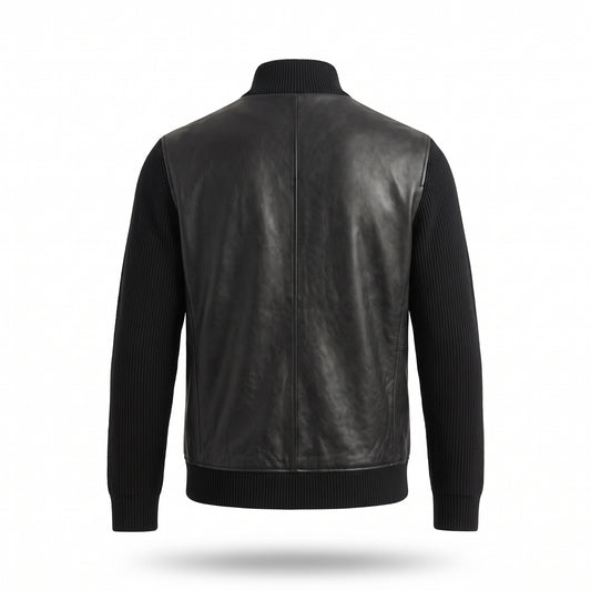 Men's Black Leather Bomber Jacket | Ribbed Knit Sleeve Varsity Jacket