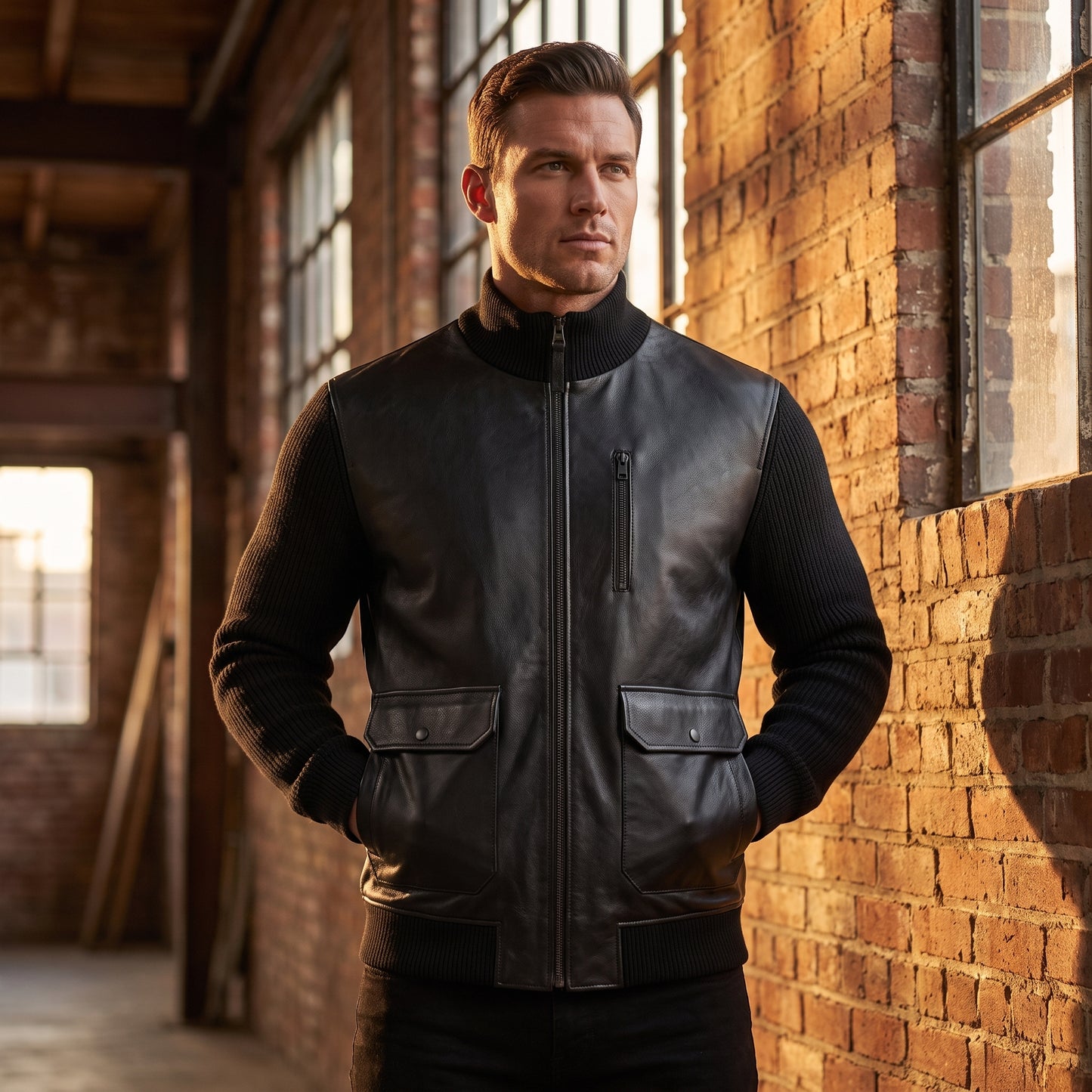 Men's Black Leather Bomber Jacket | Ribbed Knit Sleeve Varsity Jacket