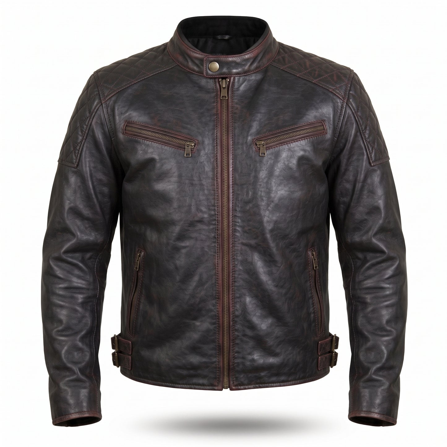 Men's Distressed Black Leather Racer Jacket | Quilted Shoulder Moto Jacket with Waist Buckles