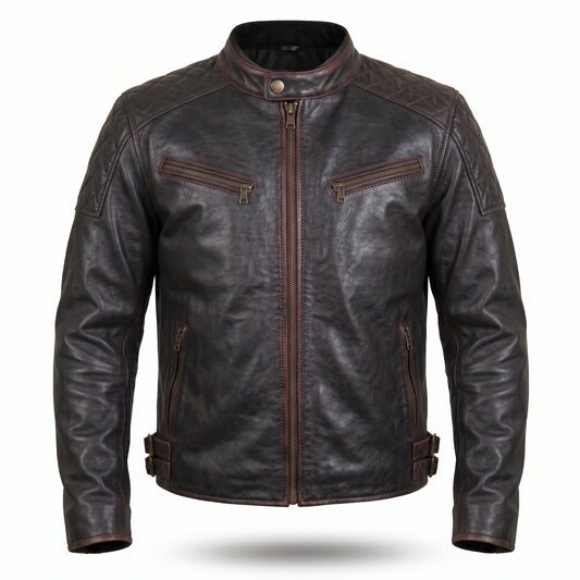 Men's Distressed Black Leather Racer Jacket | Quilted Shoulder Moto Jacket with Waist Buckles