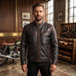 Men's Distressed Black Leather Racer Jacket | Quilted Shoulder Moto Jacket with Waist Buckles