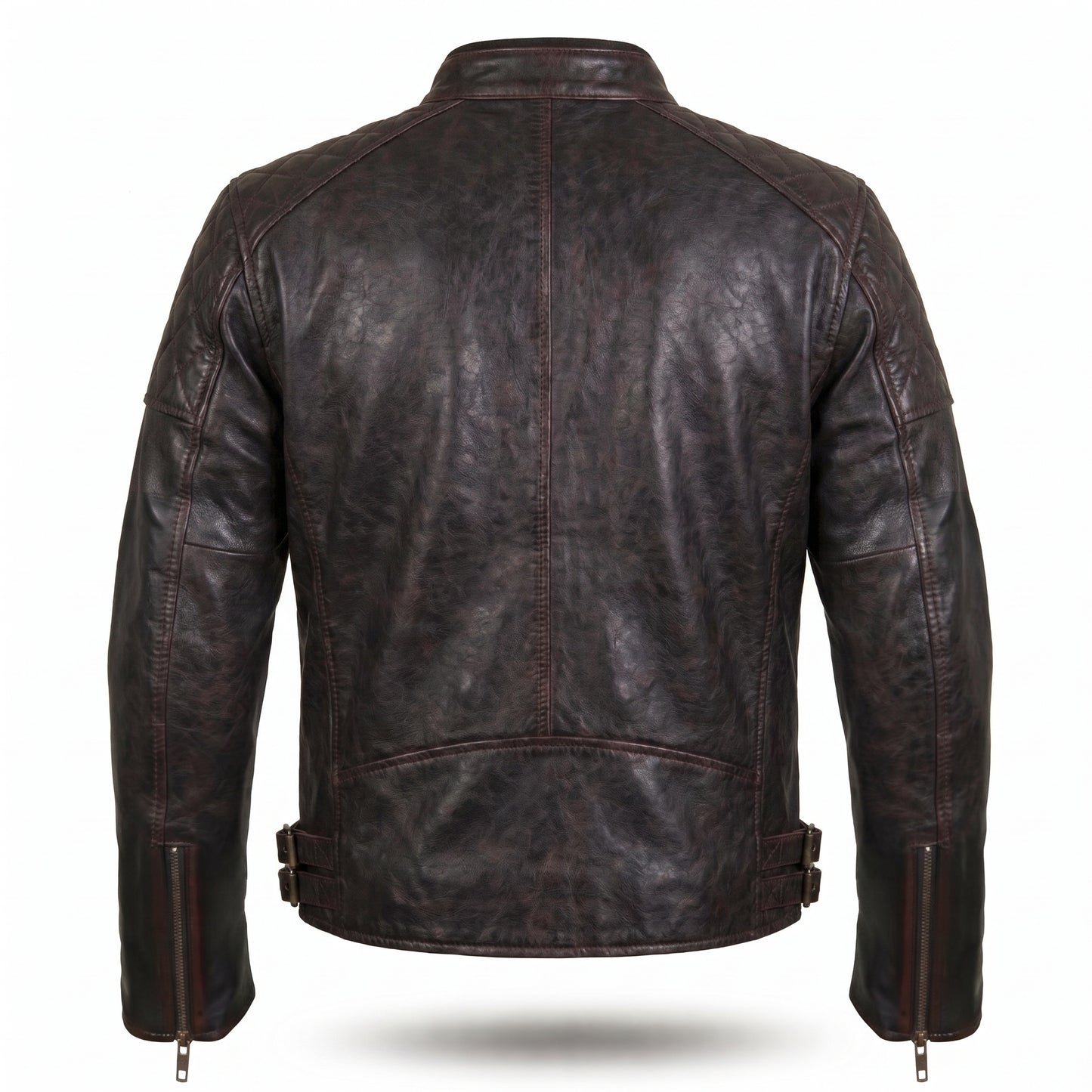 Men's Distressed Black Leather Racer Jacket | Quilted Shoulder Moto Jacket with Waist Buckles