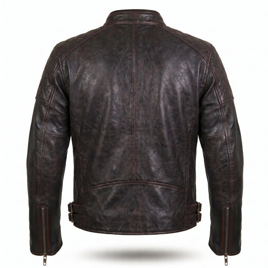 Men's Distressed Black Leather Racer Jacket | Quilted Shoulder Moto Jacket with Waist Buckles