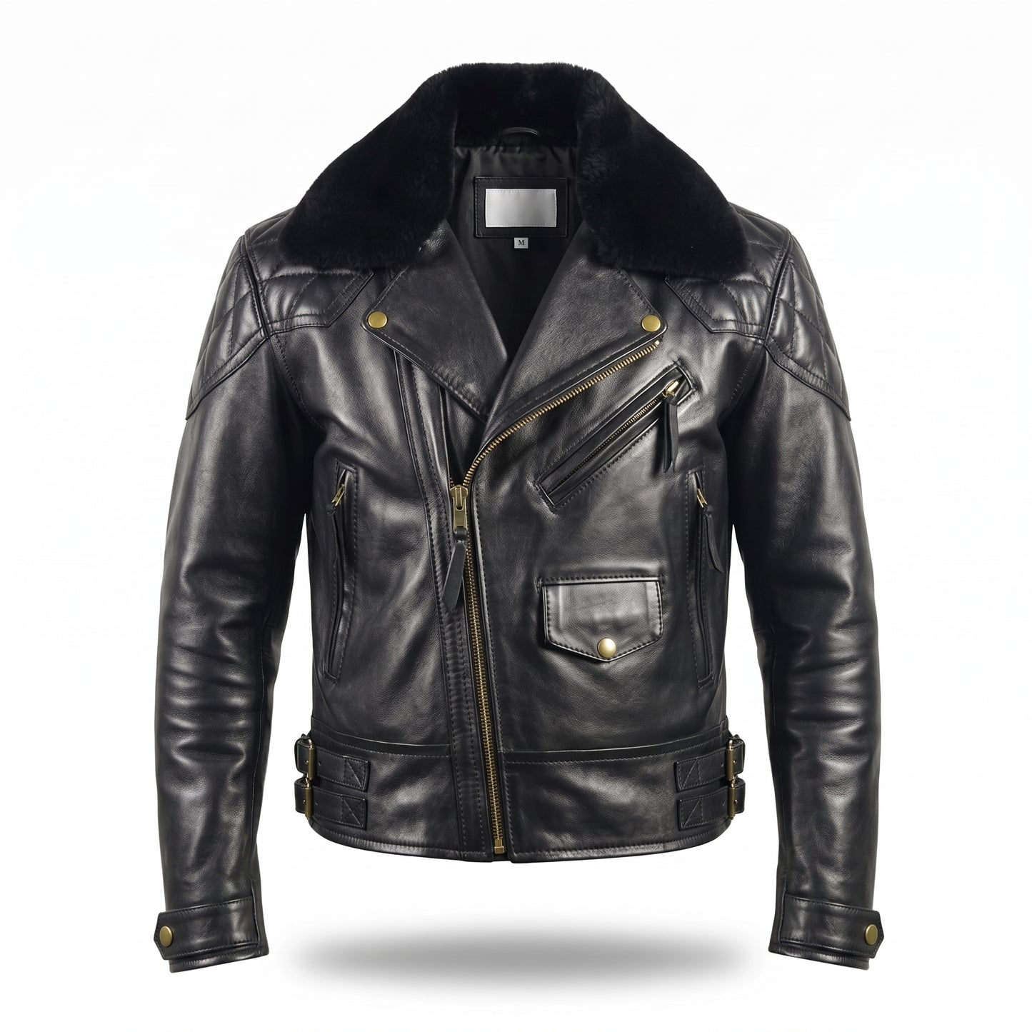 Men's Black Leather Biker Jacket with Fur Collar | Genuine Leather Motorcycle Jacket
