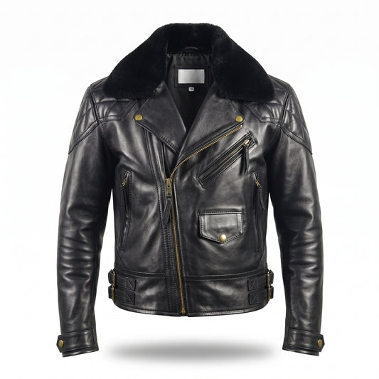 Men's Black Leather Biker Jacket with Fur Collar | Genuine Leather Motorcycle Jacket