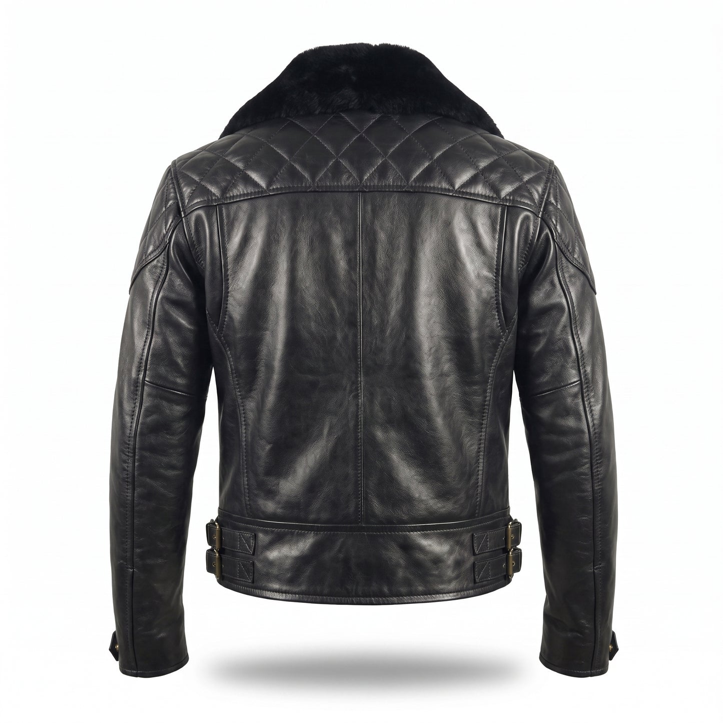 Men's Black Leather Biker Jacket with Fur Collar | Genuine Leather Motorcycle Jacket