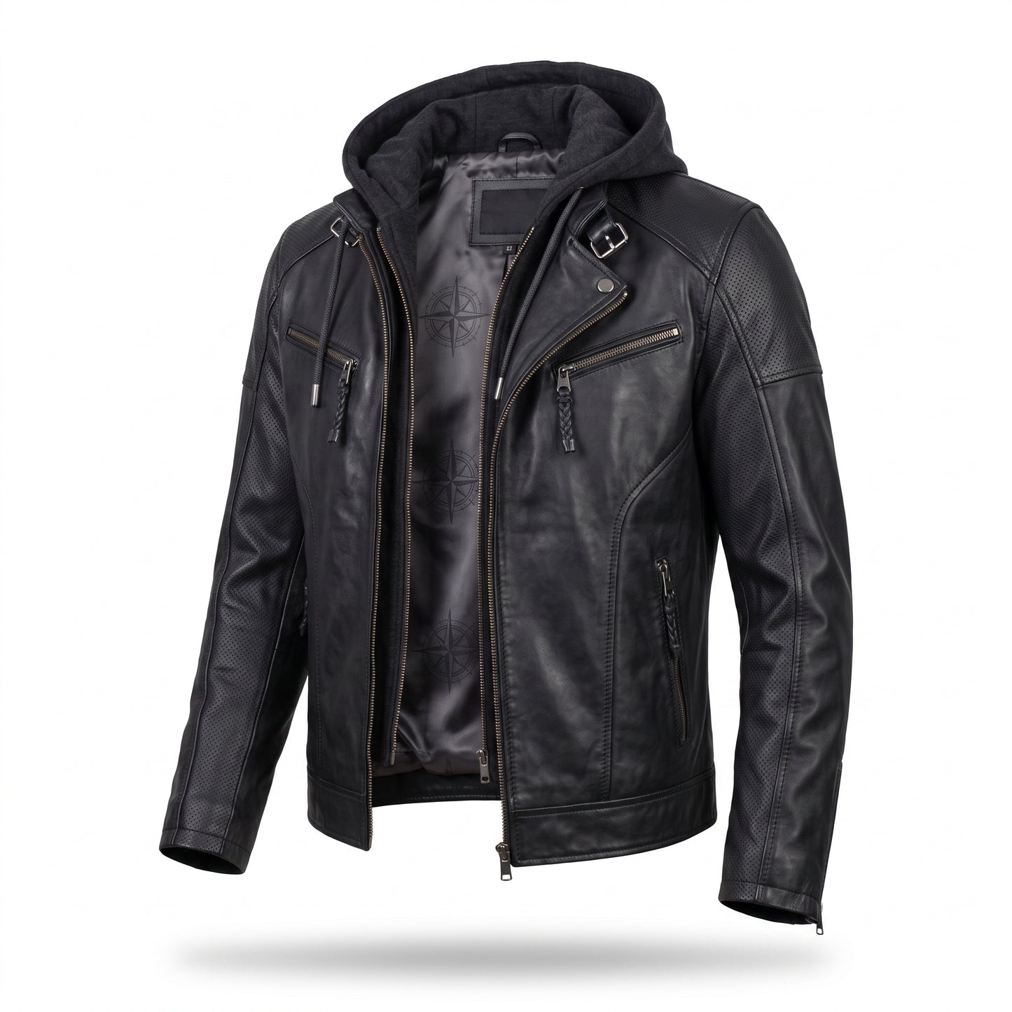 Men's Black Hooded Leather Biker Jacket – Premium Motorcycle Leather Jacket with Removable Hoodie