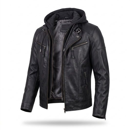 Men's Black Hooded Leather Biker Jacket – Premium Motorcycle Leather Jacket with Removable Hoodie
