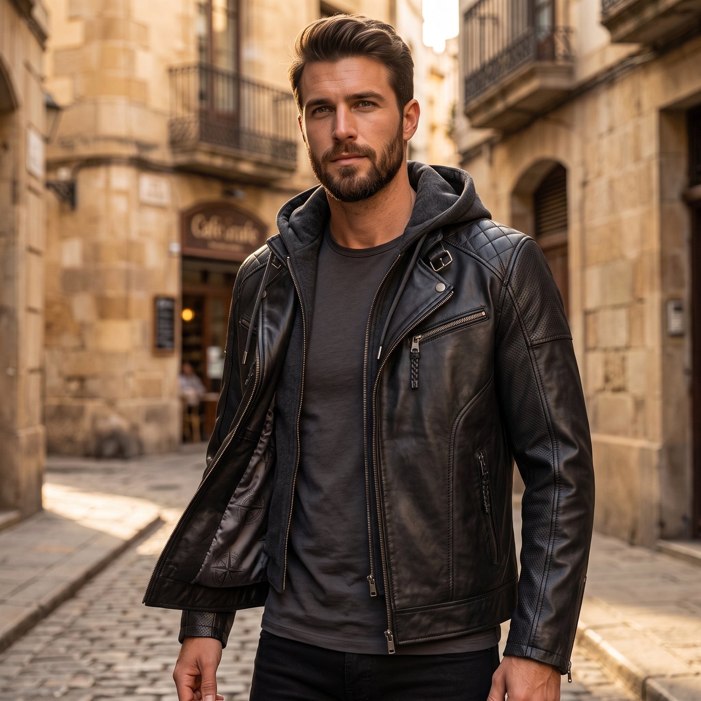 Men's Black Hooded Leather Biker Jacket – Premium Motorcycle Leather Jacket with Removable Hoodie
