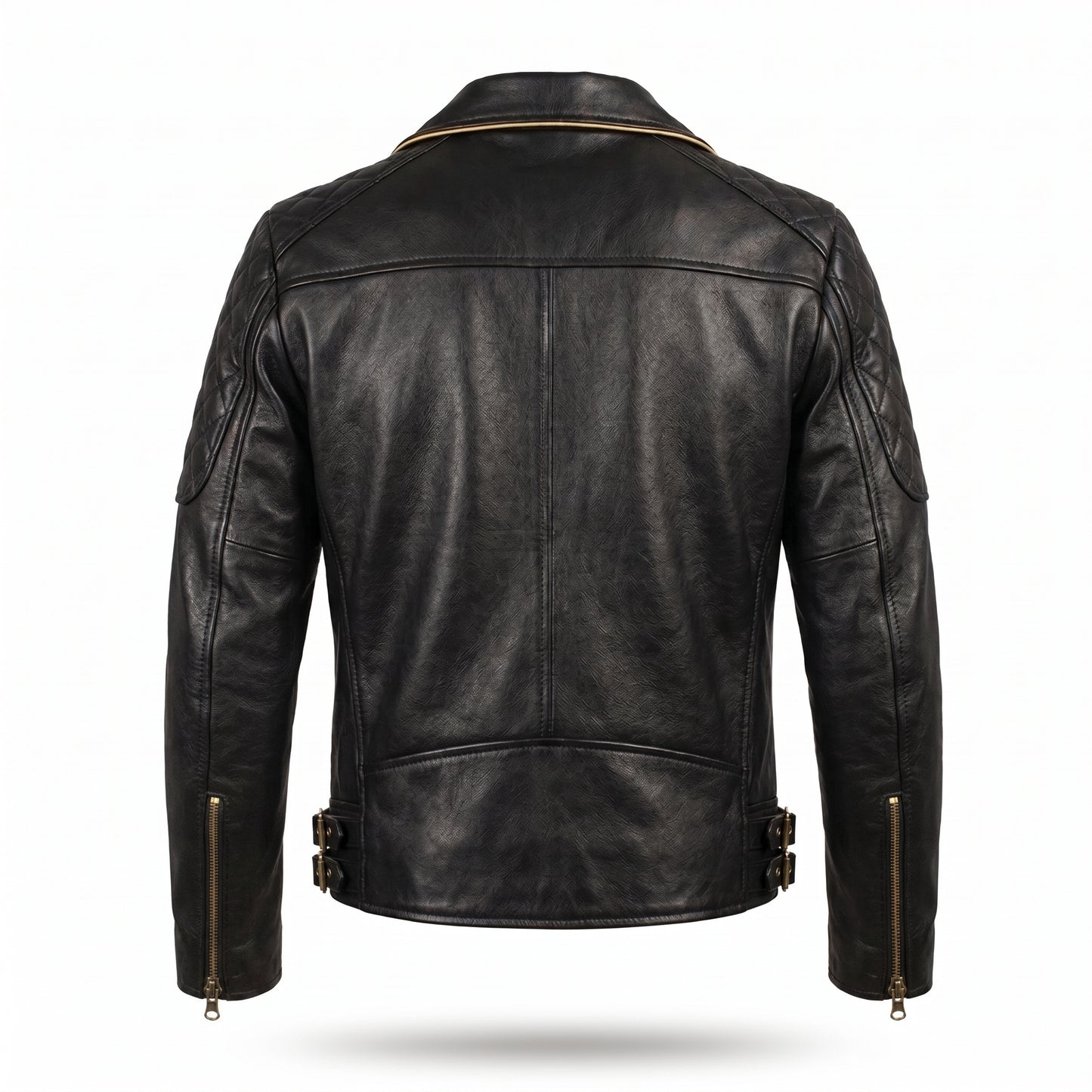 Men's Black Leather Biker Jacket with Yellow Racing Stripe | Genuine Leather Motorcycle Jacket