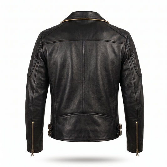 Men's Black Leather Biker Jacket with Yellow Racing Stripe | Genuine Leather Motorcycle Jacket