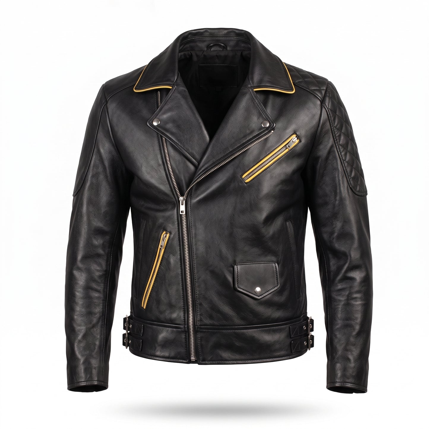 Men's Black Leather Biker Jacket with Yellow Racing Stripe | Genuine Leather Motorcycle Jacket