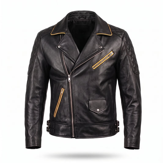 Men's Black Leather Biker Jacket with Yellow Racing Stripe | Genuine Leather Motorcycle Jacket