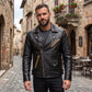 Men's Black Leather Biker Jacket with Yellow Racing Stripe | Genuine Leather Motorcycle Jacket
