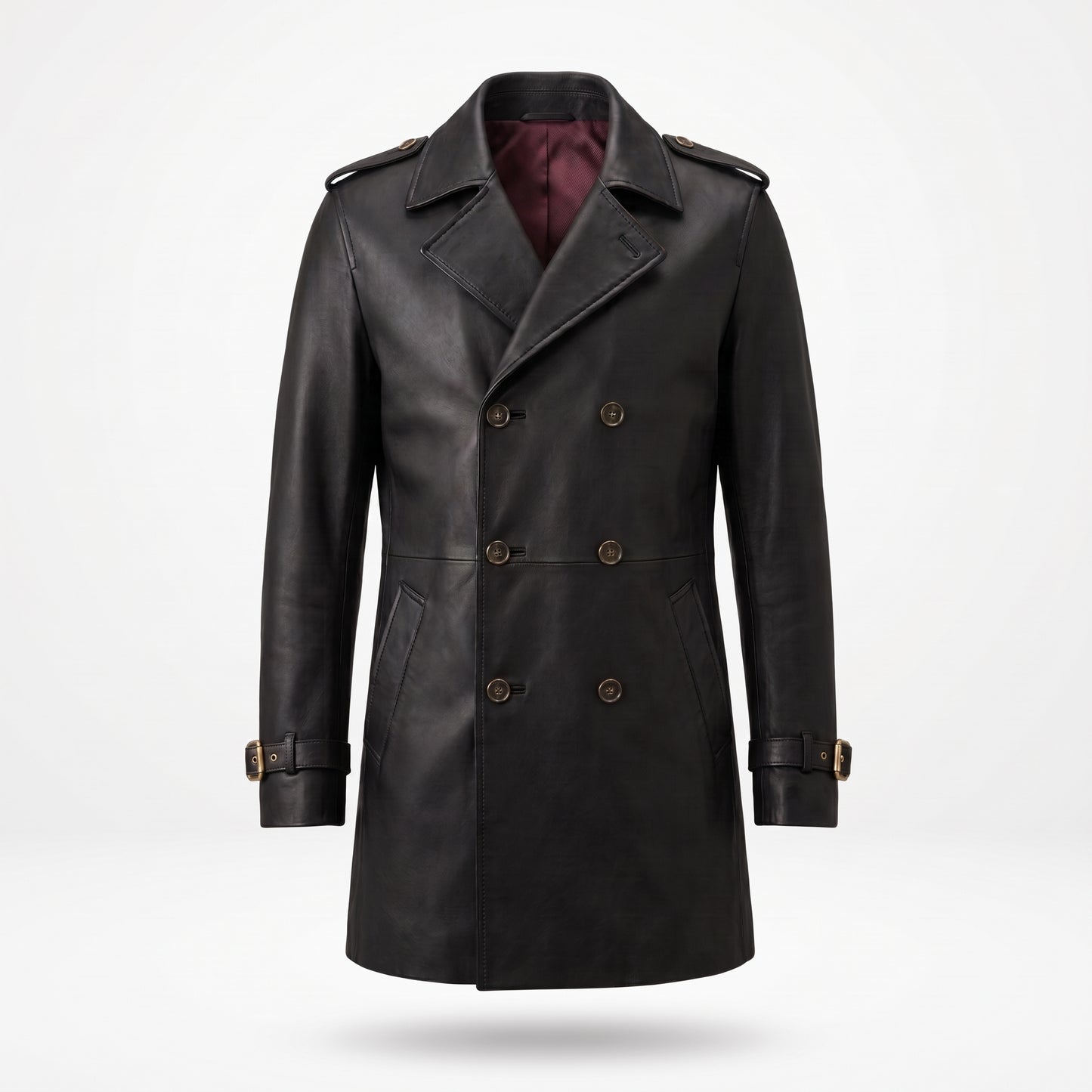Men's Black Leather Trench Coat | Double-Breasted Long Overcoat