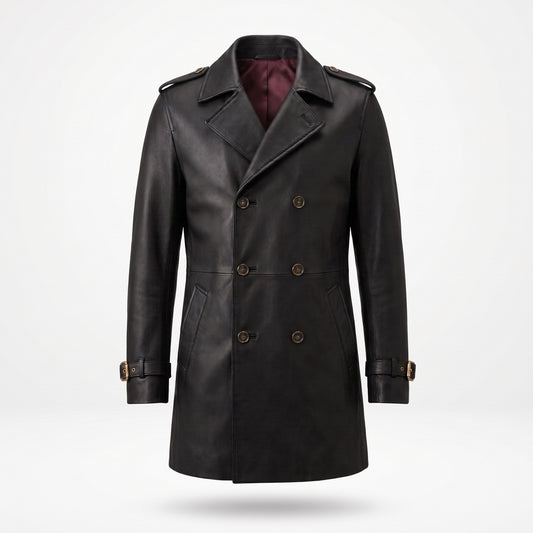 Men's Black Leather Trench Coat | Double-Breasted Long Overcoat