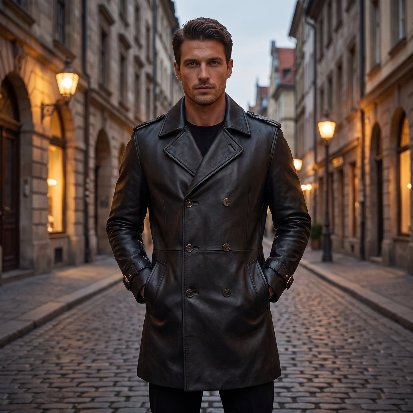 Men's Black Leather Trench Coat | Double-Breasted Long Overcoat