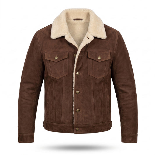 Men's Brown Shearling Leather Trucker Jacket – Premium Sherpa Lined Winter Leather Coat