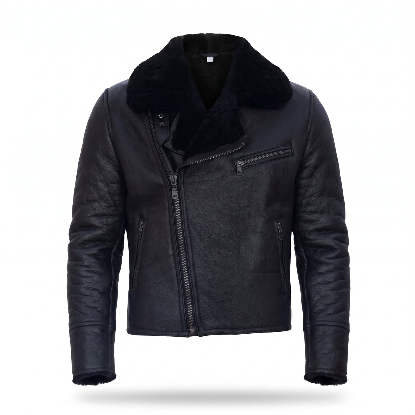 Men's Black Shearling Leather Jacket with Fur Collar | Genuine Aviator Biker Jacket