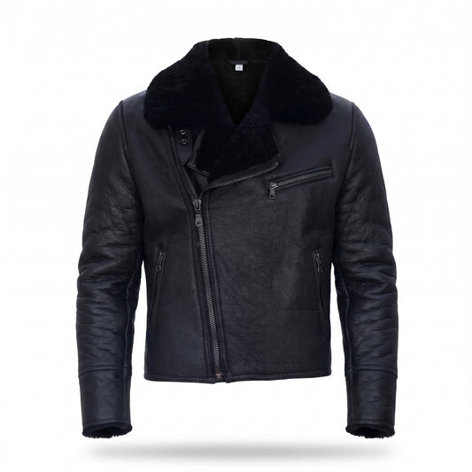 Men's Black Shearling Leather Jacket with Fur Collar | Genuine Aviator Biker Jacket
